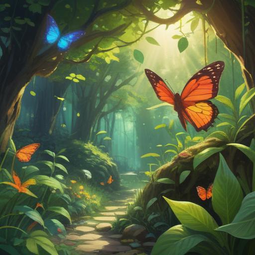 A magical scene of a person discovering a vibrant butterfly in a sunlit garden, lush greenery, sparkling sunlight filtering through leaves, enchanting colors of the butterfly's wings, moments of wonder and connection, gentle breeze rustling flowers, serene atmosphere, sense of curiosity and joy, 4k