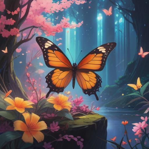 A butterfly gracefully approaching, symbolizing transformation and spirituality, ethereal light surrounding it, blooming flowers in vibrant colors, serene atmosphere, gentle breeze, captivating nature scene, mystical aura, soft-focus background, 4k