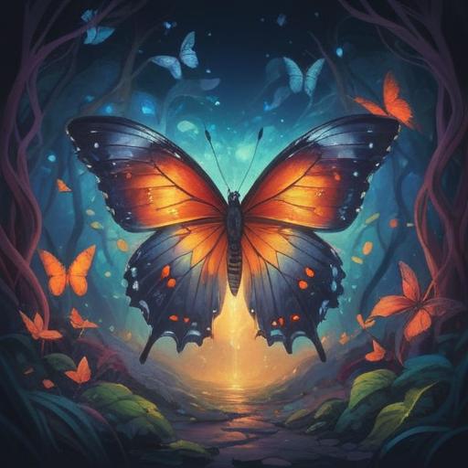 A serene illustration of a butterfly approaching, vibrant colors, ethereal atmosphere, subtle glow around the butterfly, symbolic representation of spiritual signs, peaceful nature setting, soft light filtering through leaves, detailed flora surrounding the scene, enchanting and mystical feelings, 4k
