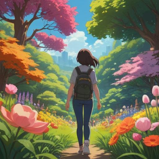 A vibrant illustration of a person taking a deep breath while standing in a sunny park, surrounded by blooming flowers and lush greenery, smiling with eyes closed, a feeling of peace and happiness, light beams shining down, a small bird perched nearby, cheerful atmosphere, 4k