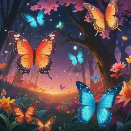 A serene nature scene featuring colorful butterflies gathering around a blooming flower, ethereal light shining through the trees, a sense of calm and connection with nature, subtle spiritual symbols in the background, tranquil atmosphere, vibrant colors, harmonious composition, 4k