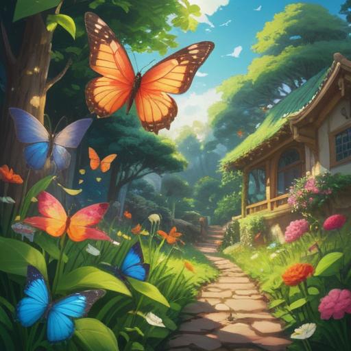 A serene garden scene with colorful butterflies fluttering around, a shimmering four-leaf clover in the foreground, soft sunlight filtering through lush green leaves, tranquil atmosphere, whimsical ambiance, detailed floral elements, vibrant colors, 4k