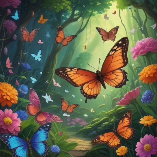 A serene nature scene depicting butterflies gracefully fluttering among vibrant flowers, symbolizing transformation and spiritual growth, a peaceful atmosphere with soft sunlight filtering through leaves, deep connection to nature, calm and uplifting energy, 4k