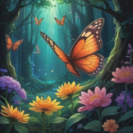 A serene and mystical scene depicting a butterfly gently landing on a blossoming flower, vibrant colors, ethereal light filtering through the trees, a sense of calm and connection to nature, symbolic representation of spiritual signs, elements of tranquility and reflection, enchanting atmosphere, a reminder of transformation and intuition, 4k