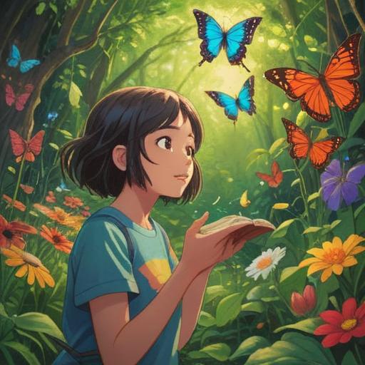 A vibrant illustration of a person discovering a lucky item after seeing a butterfly, colorful butterfly flitting through a sunlit garden, the person with a surprised expression, holding a glowing lucky charm, surrounded by blooming flowers, bright blue sky overhead, enchanting atmosphere, whimsical details, 4k