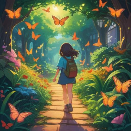 A serene pathway illuminated by golden sunlight, colorful butterflies fluttering around, a person walking with a joyful expression, surrounded by lush greenery and blooming flowers, symbolic of good fortune and positivity, vibrant and inviting atmosphere, 4k