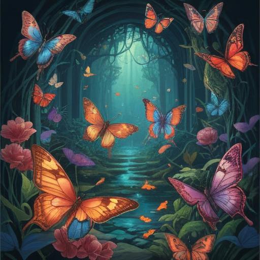 A serene and mystical scene depicting butterflies and dragonflies, vibrant colors, symbolic representations of transformation and change, delicate wings shimmering in sunlight, surrounded by blooming flowers and gentle water reflections, tranquil atmosphere, spiritual essence of nature, harmony and balance, 4k