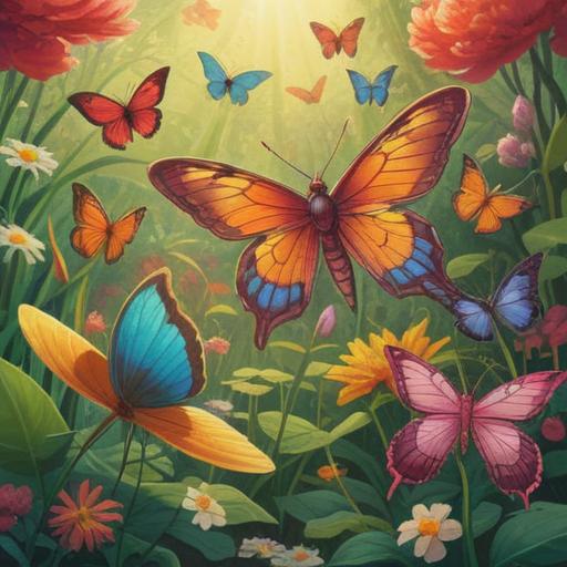 A serene illustration of colorful butterflies and dragonflies dancing in a sunlit garden, symbolic of spiritual guidance and positive signs, vibrant flowers in bloom, gentle breeze creating a magical atmosphere, warm rays of sunlight filtering through leaves, enchanting details, 4k