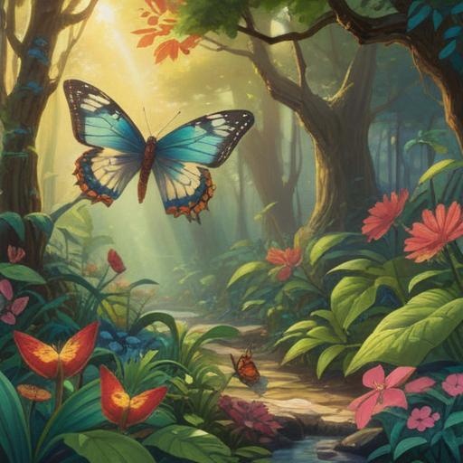 A serene landscape featuring a butterfly and a dragonfly communicating in a mystical garden, vibrant colors, soft sunlight filtering through the leaves, delicate petals floating in the air, intricate details on the wings, a sense of harmony and connection, nature-inspired elements, tranquil atmosphere, 4k