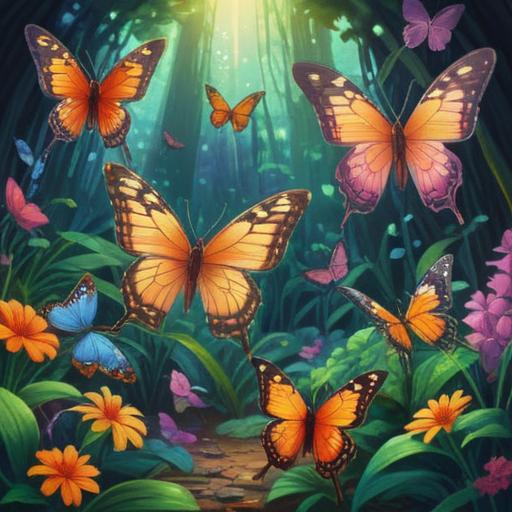 A vibrant illustration of colorful butterflies, each representing a unique lucky item, fluttering in a sunlit garden, overlooking sparkling flowers and lush greenery, showcasing intricate patterns on wings, conveying a sense of joy and fortune, whimsical atmosphere, detailed close-up of butterflies, bright vivid colors, enchanting scenery, 4k