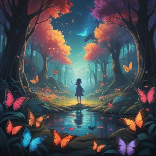 A spiritual guide illuminated by colorful butterflies, ethereal atmosphere, vibrant butterfly hues leading the way, serene natural setting, gentle light filtering through trees, mystical elements in the background, enchanting aura, compassionate expression, 4k