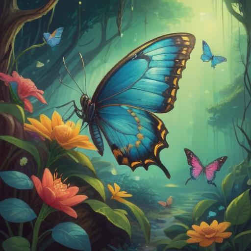 A captivating illustration of a butterfly and a swallowtail, representing their spiritual significance, vibrant colors, ethereal background, symbolism of transformation and freedom, delicate wings shimmering, serene ambiance, floral elements surrounding the butterflies, peaceful nature setting, 4k