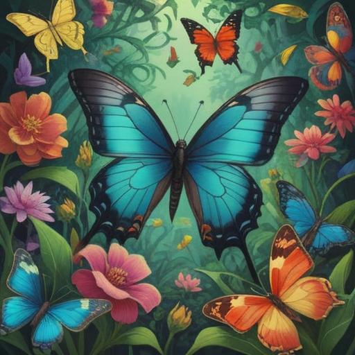 A serene scene depicting a vibrant garden filled with colorful butterflies, particularly a striking swallowtail butterfly resting on a flower, a shimmering lucky charm visible nearby, sunlight filtering through the leaves, creating a magical atmosphere, rich details in flora and fauna, tranquil ambiance, harmonious color palette, 4k