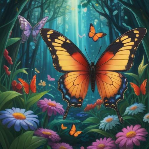 A serene garden scene, vibrant butterflies fluttering, a colorful swallowtail butterfly perched on a blooming flower, an ethereal light illuminating the surroundings, nature's whispers captured in the air, symbolic messages conveyed through the beauty of butterflies, tranquil atmosphere, intricate details in flora and fauna, enchanting moment, 4k