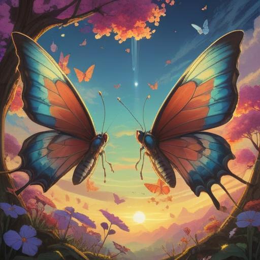 A serene scene depicting two butterflies gracefully fluttering together, vibrant colors, a gentle sunbeam illuminating their delicate wings, surrounded by blooming flowers and soft green foliage, symbolizing spiritual harmony and positive energy, peaceful atmosphere, 4k