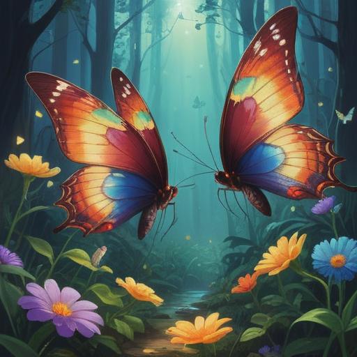 A serene spiritual scene, two butterflies gracefully fluttering together, vibrant colors highlighting their delicate wings, surrounded by a tranquil nature setting, soft sunlight filtering through leaves, symbolizing transformation and guidance, calm atmosphere, ethereal glow, serene harmony, 4k