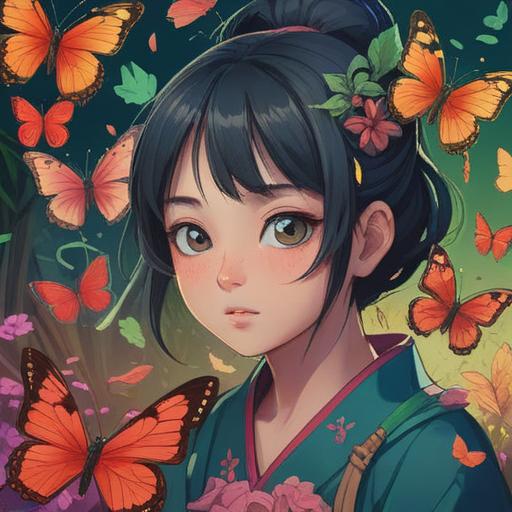 A vibrant and whimsical scene, two butterflies fluttering gracefully, symbolizing good fortune, surrounded by various lucky charms like four-leaf clovers, horseshoes, and golden coins, bright colors, enchanting atmosphere, nature background, soft sunlight filtering through trees, 4k