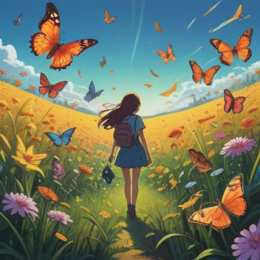 A vibrant illustration of butterflies fluttering around a person standing in a sunlit meadow, a gentle breeze creating a sense of movement, bright and cheerful colors conveying positive energy, the person with an expression of joy and serenity, surrounded by flowers blooming in vivid colors, a sense of renewal and good fortune in the air, soft sunlight filtering through the leaves, 4k