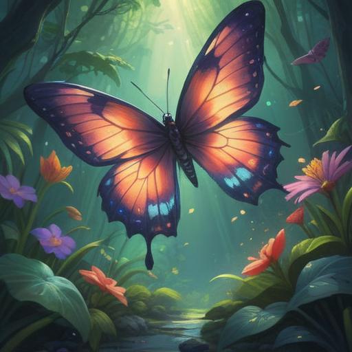 A spiritual illustration of a glowing butterfly approaching, ethereal light surrounding it, vibrant colors reflecting tranquility, gentle nature scene, soft breeze in the air, mystical aura, connection between nature and spirit, serene atmosphere, detailed flora, 4k