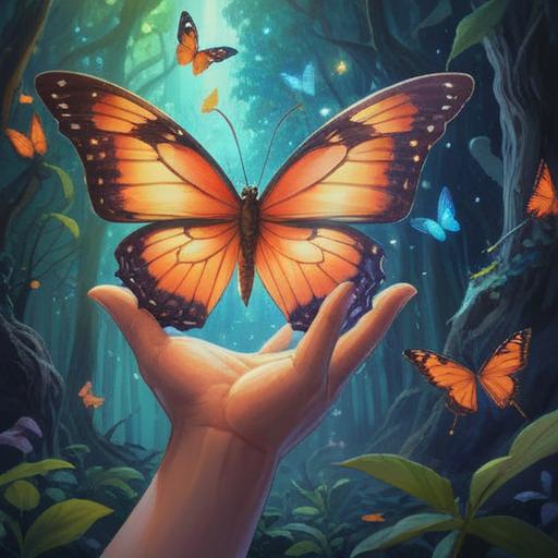 A spiritual scene depicting a butterfly gently landing on a person's hand, vibrant colors, ethereal glow, serene expression on the person's face, surrounded by soft flowers and lush greenery, sunlight filtering through the leaves, a sense of tranquility and connection with nature, 4k