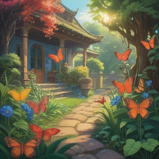 A serene garden scene, vibrant butterflies fluttering around, a sense of tranquility and connections with nature, soft sunlight filtering through the trees, a person pausing to observe the butterflies, symbolic representation of spiritual signs, harmonious atmosphere, vivid colors, 4k