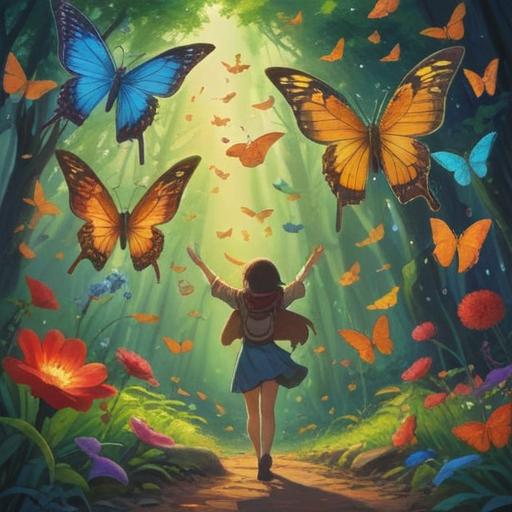 A whimsical scene of a butterfly landing gently on a person's hand, vibrant colors, a feeling of joy and luck in the air, sunlight streaming through leaves, sparkling particles surrounding the butterfly, serene expression on the person's face, soft focus on the background, nature's beauty and harmony, cheerful atmosphere, 4k