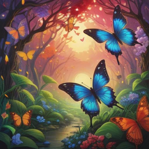 Two butterflies representing spiritual meaning, vibrant colors, serene nature setting, symbolism of transformation and rebirth, harmonious atmosphere, gentle sunlight filtering through leaves, intricate butterfly patterns, focus on emotional connection, 4k