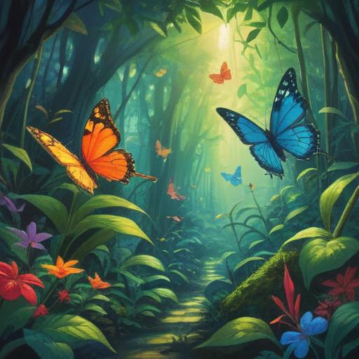 A serene scene depicting two butterflies in a lush garden, vibrant colors, ethereal light filtering through leaves, symbolic of spiritual guidance, butterflies intricately detailed with unique patterns, surrounded by blooming flowers, a tranquil atmosphere, feeling of hope and positivity, 4k