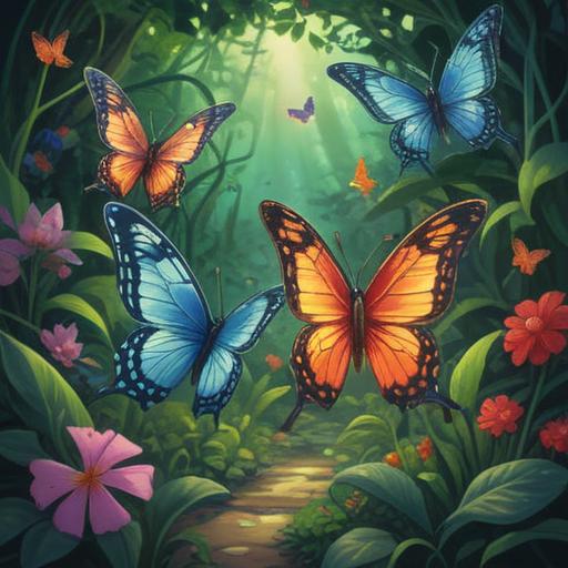A vibrant illustration of two butterflies gracefully fluttering around a shining lucky charm, symbolizing positive transformation, a serene garden setting filled with colorful flowers, soft sunlight filtering through the leaves, harmonious composition, magical atmosphere, enchanting details, 4k