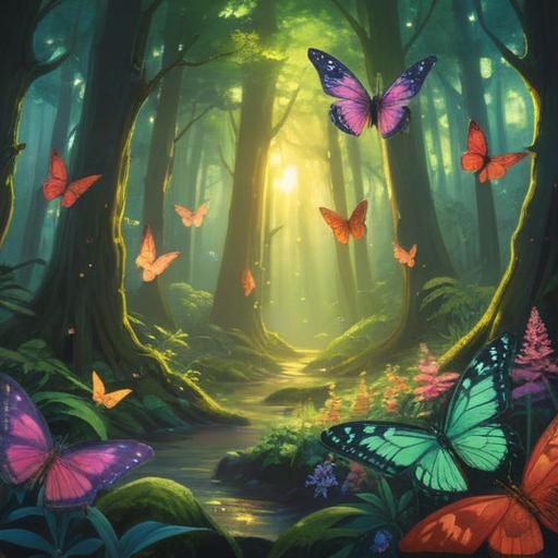 A mystical scene depicting the emergence of a butterfly, vibrant colors reflecting hope and transformation, sunlight filtering through a lush green forest, the butterfly surrounded by sparkling light, symbolizing new possibilities, a serene atmosphere, delicate and intricate details, ethereal beauty, 4k