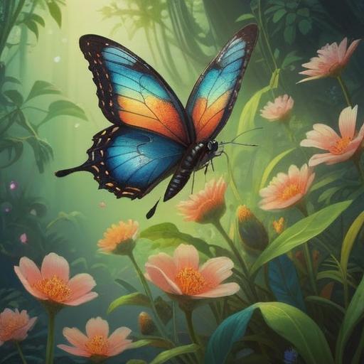 A serene and vibrant scene depicting a butterfly gently landing on a blooming flower, surrounded by ethereal light, symbolic of transformation and change, representing spiritual awakening and freedom, intricate details of the butterfly’s wings, lush greenery, peaceful atmosphere, 4k