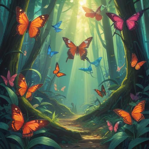 A serene and ethereal scene depicting colorful butterflies gracefully fluttering through a sunlit forest, soft beams of light illuminating their delicate wings, surrounded by blooming flowers and vibrant greenery, symbolizing transformation and spiritual guidance, a sense of peace and tranquility, 4k resolution