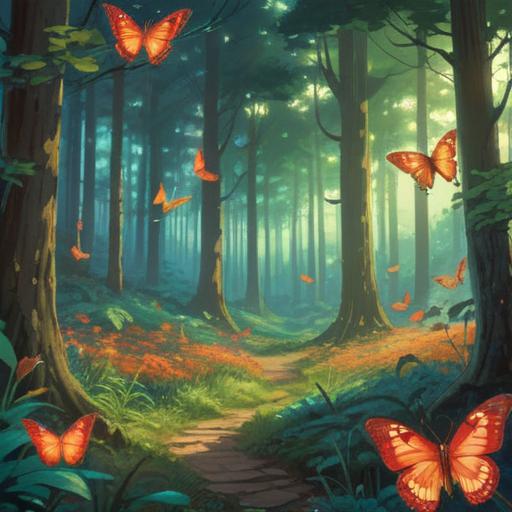 A serene landscape depicting butterflies fluttering gracefully, vibrant colors in nature, a peaceful forest setting, sunlight filtering through the leaves, a sense of tranquility and connection to nature, symbols of transformation and spiritual guidance, ethereal and enchanting atmosphere, 4k