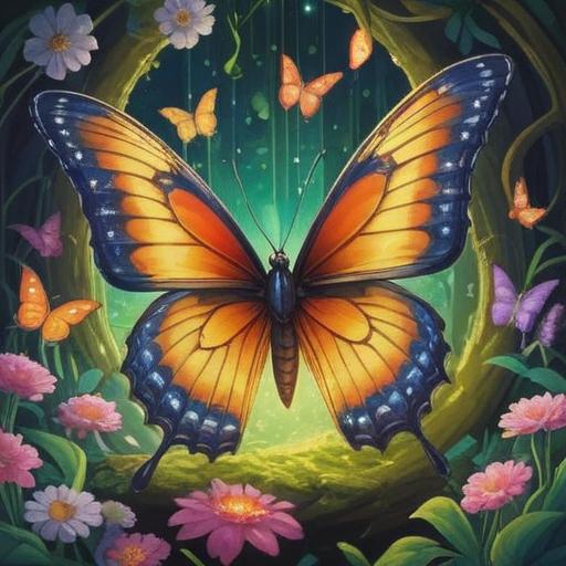 A vibrant illustration of a butterfly perched on a sparkling lucky charm, bright colors, a serene garden background filled with blooming flowers, sunlight filtering through leaves, symbols of good fortune like coins and four-leaf clovers, a joyful atmosphere, intricate details on the butterfly wings, 4k