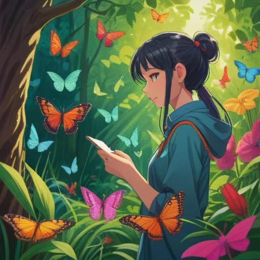 A serene nature scene depicting a person observing butterflies in a lush garden, vibrant colors, gentle sunlight filtering through leaves, the person taking notes in a journal, surrounded by diverse butterfly species, a sense of tranquility and connection with nature, elements representing good fortune like a small statue or lucky charms, harmonious atmosphere, detailed flora, 4k