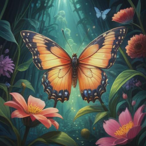 A serene illustration depicting a butterfly gently landing on a blooming flower, representing transformation and spiritual growth, surrounded by soft light, ethereal atmosphere, lush greenery, symbolic colors, nature's harmony, subtle details, 4k