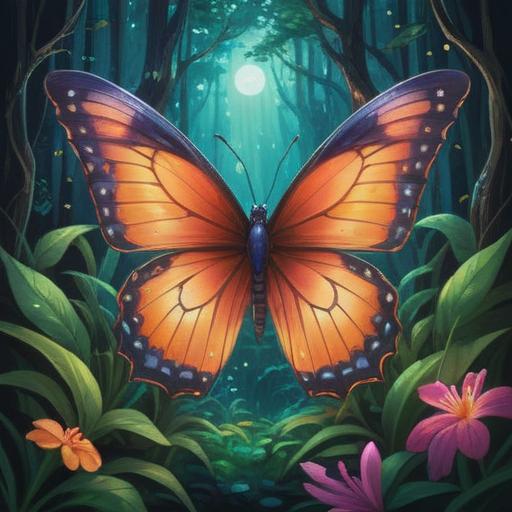 A serene illustration of a vibrant butterfly surrounded by a mystical aura, soft glowing lights, lush greenery in the background, symbolizing spiritual transformation, delicate wings with intricate patterns, gentle sunlight filtering through the leaves, peaceful atmosphere, representing good signs and positive energy, 4k
