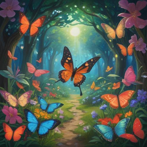 A serene nature scene featuring colorful butterflies fluttering around a blooming garden, symbols of transformation and spiritual guidance, ethereal light filtering through the trees, innate connection to the universe, signs of change and renewal, vibrant flowers in full bloom, peaceful atmosphere, harmonious interactions between nature and spirituality, 4k