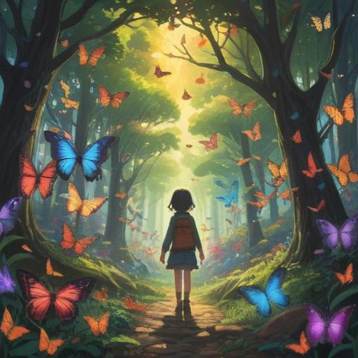 A vibrant scene depicting a person surrounded by a multitude of colorful butterflies, various species fluttering around, sunshine filtering through trees, a feeling of joy and wonder, symbolism of good luck, nature's beauty all around, serene and magical atmosphere, 4k