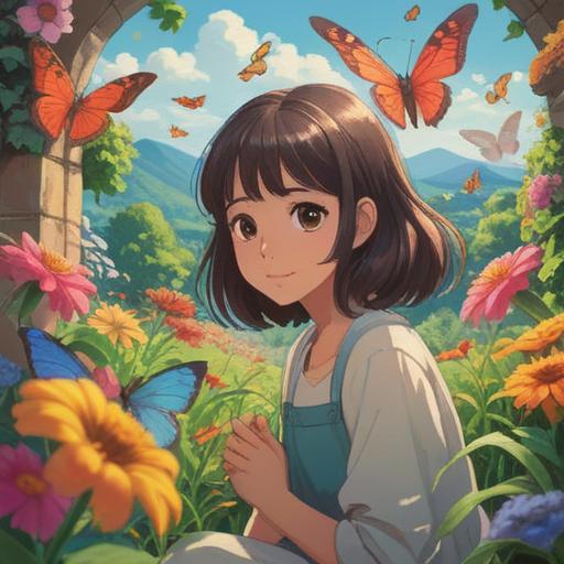 A serene setting in a sunny garden, a person peacefully observing butterflies, gentle smiles and calm expressions, vibrant flowers surrounding, soft rays of sunlight filtering through leaves, fostering mindfulness and appreciation for nature, tranquil atmosphere, bright colors, high-detail, nature's harmony, 4k