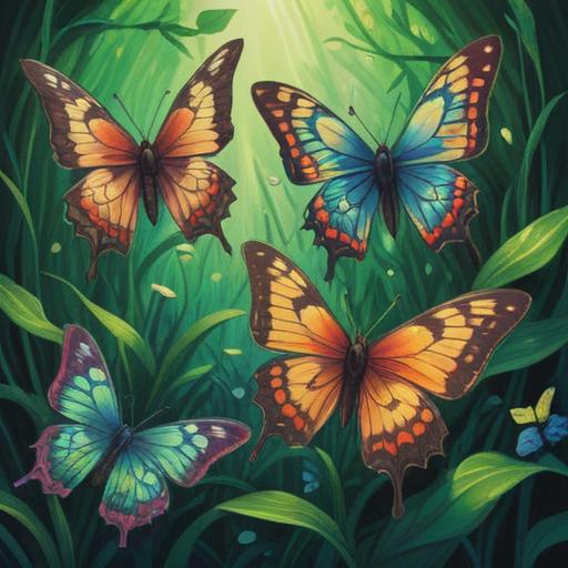 A serene illustration of three butterflies gracefully fluttering together, vibrant colors, symbolic representation of spiritual good signs, lush green background, gentle sunlight filtering through trees, ethereal atmosphere, a sense of tranquility and hope, intricate wing patterns, 4k