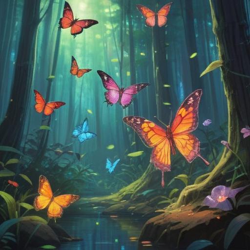 A serene and mystical scene depicting three butterflies fluttering gracefully in a sunlit forest, vibrant colors, ethereal glow, symbols of transformation and spiritual awakening, gentle breeze rustling the leaves, hint of magic in the air, intricate details on the butterfly wings, tranquil atmosphere, harmonious connection with nature, 4k