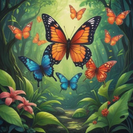Three butterflies representing good fortune, vibrant colors, delicate wings, surrounded by a serene garden, soft sunlight filtering through leaves, symbolizing luck and transformation, harmonious elements, gentle breeze, enchanting atmosphere, 4k