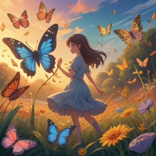 A delicate illustration of butterflies dancing in a sunlit meadow, vibrant colors, symbols of luck and new insights, ethereal atmosphere, intricate details of the butterflies' wings, flowers blooming around, tranquility and hope, nature's beauty, 4k