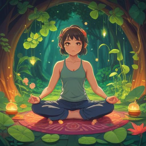 A serene and calming scene depicting a person practicing yoga, featuring a lucky charm like a four-leaf clover or a crystal, warm sunlight streaming through a window, soft shadows, a peaceful environment, gentle focus on the iliopsoas muscle area, harmony between body and mind, 4k
