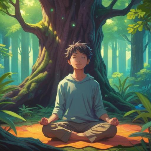 A serene landscape depicting the connection between gut health and spiritual awakening, soft light filtering through trees, a person meditating in harmony with nature, vibrant plants symbolizing vitality, ethereal energy flowing around, peaceful ambiance, colorful butterflies representing positive signs, gentle stream reflecting a clear sky, 4k
