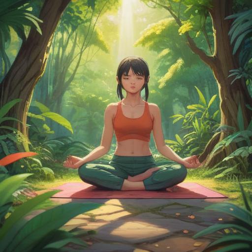 A calming and warm illustration of a person practicing yoga outdoors, surrounded by lush greenery, a serene expression on their face, gentle sunlight filtering through trees, symbolic elements representing good luck like four-leaf clovers around them, vibrant colors, peaceful atmosphere, promoting wellness and relaxation, 4k