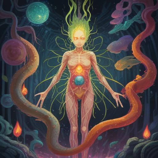 A serene depiction of intestinal cleansing, ethereal light, vibrant energy flow, spiritual symbols surrounding the digestive system, harmonious balance of body and spirit, nature elements intertwined, tranquility and rejuvenation, holistic health, 4k