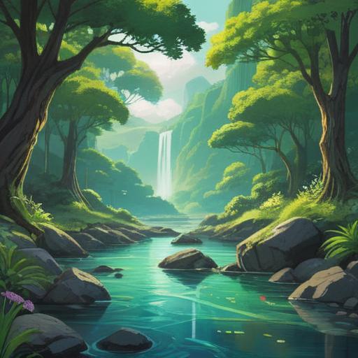 A serene and tranquil scene depicting a harmonious balance of body and mind, lush green landscapes symbolizing purification, a flowing river representing cleansing energy, soft sunlight filtering through trees, abstract representations of the gut and mind interconnected, peaceful meditation in nature, 4k