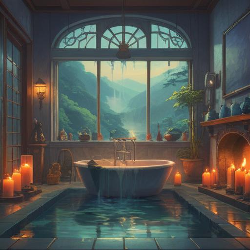 A serene morning bath scene, warm sunlight filtering through misty steam, tranquil water reflecting soft hues, peaceful ambiance, candles flickering around the edge, aromatic herbs floating gently, meditative atmosphere, symbolism of renewal and purification, 4k